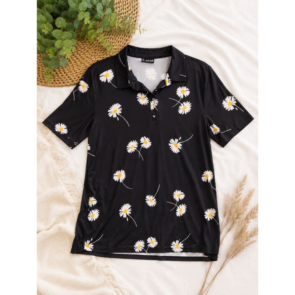 Bad Birdie Black Daisy Print Golf Polo Shirt Men's XL Performance Stretch
